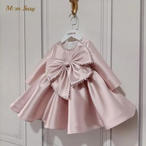 Mädchen Kleider Baby Mädchen Prinzessin Seide Perlen Kleid Langarm Säugling Kleinkind Kind Vintage Bogen Vestido Party Pageant Geburtstag Kleidung 1 14Y 231204