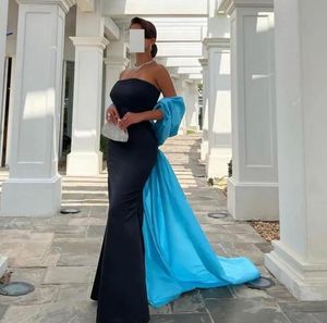 Elegant Blue/Back Evening Party Dress 2024 Detachable Train Mermaid Strapless Pleated Satin Women Prom Celebrity Gowns Arabic Robe De Soiree