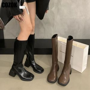 Boots Autumn Winter Women Knight Knee High 2023 Kvinnliga modet tjocka klackar pumpar skor damer gotiska chic cool 231204