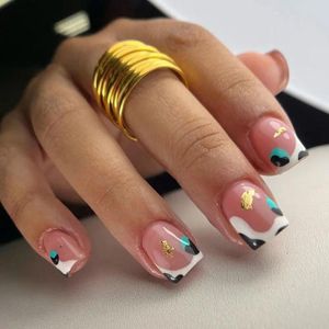 False Nails Short Round Detachable French Lovely Graffiti Nail Tips Glitter Love Heart Full Cover Fake For Salon