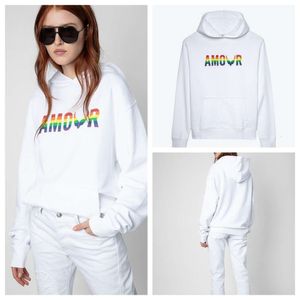 24SS Women's Hoodies Sweatshirts Zadig Voltaire English Letters Color Matching Rainbow Printing Women's White Hooded tröja