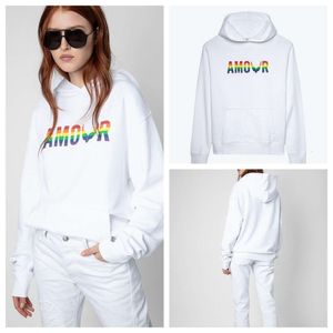 24SS Bluzy Bluzy Bluzy Zadig Voltaire English Letters Dopasowanie Rainbow Printing White White Hooded Sweter