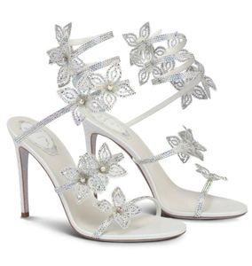 العلامة التجارية الفاخرة Renescaovilla Flowers Floriane Sandals Shoes Butterflower Crystal Women High Cheels Wraps Strap Lady Lady Gladiator Sandalias EU35-43