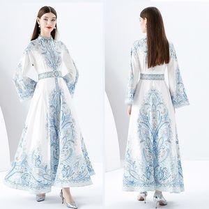 Vintage designer alargamento manga boho maxi vestido robe mulher moda paisley floral mock pescoço magro solto grande balanço vestidos de festa 2023 primavera outono pista férias vestidos