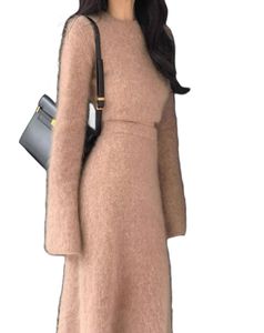 Ny design kvinnors o-hals mohair ull stickad kort tröja och hög midja a-line lång kjol kostym 2 st klänning set smlxl