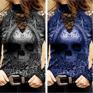 Damen T-Shirt Damen Mode Sommer Rollkragen Totenkopf Blumendruck T-Shirt Gothic Hohl Langarm Tops T231204