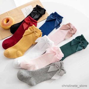 Kids Socks Girls Solid Socks With Bows 100% Cotton Baby Children Sock Soft Toddlers Long Socks Kids Princess Knee High Socken For 0-7 Year R231204