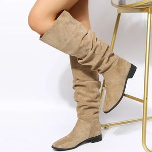 Boots High Quality Pleated Boot Black Nude Faux Suede Flock Knee Ladies Flat Autumn Winter Dress Shoe 43 231204