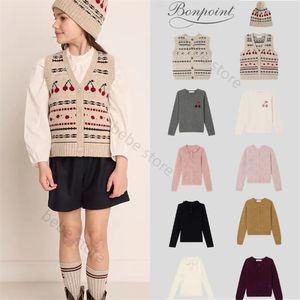 Kleidungssets vor Ort Herbst/Winter Reine Wollweste Mädchen Kirschpullover Gestricktes Tanktop Kinderakademie-Stil High Set Top Bonpoint 231202