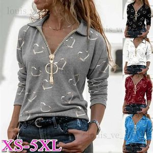 Kvinnors t-shirt Kvinnor Spring Autumn Long Sleeve Zipper V-Neck Blus Fashion Casual Pending Solid Color Heart Print T-shirt T231204