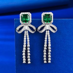 Bowknot Emerald Diamond Dingle Earring 100% Real Sterling Sier Wedding Drop Earrings for Women Bridal Engagement Smycken