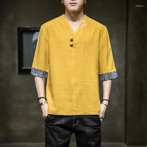 メンズTシャツ中国の伝統的なリネン刺繍Tシャツサマープリントパッチワークハラジュクアジアファッションカジュアルストリートウェアトップシャツ