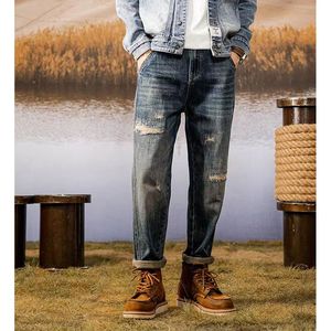 Amerikansk vintage rippade jeans för män våren och hösten ny lös rak rör smal casual trend tvättade byxor 10
