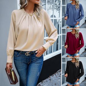 Europe and the United States women's 2024 spring/summer temperament elegant lace collar long sleeve solid color blouse