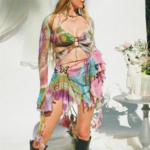 Arbeitskleider Mesh Tie Dye 2 Stück Rock Sets 2023 Eleganter Luxus Mini Rüschen Verbandkleid Sommer Sexy Crop Bikini Tops Outfit Zwei Set