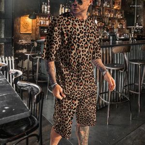 Herrspår 2023 Summer T Shirt Set 3D Leopard Print Tracksuit Short Pants Clothing Daily Casual 2 Piece Streetwear Overdized Suit