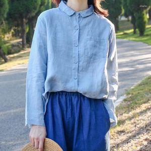 Blusas femininas S9667 linho puro camisa de manga comprida lavável bolsa de pano simples botão comprimento dividido