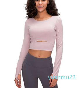 Yoga Outfits Langarm Tops Abnehmbare Brust Pad Frauen Fitness Shirt Gym Kleidung Laufen Daumen Löcher Sport