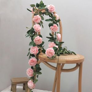 Decorative Flowers Pink Silk Peony Rose Artificial Flower Rattan Wedding Party Christmas Green Ivy Plants Home Garden Decor Wall Hanging