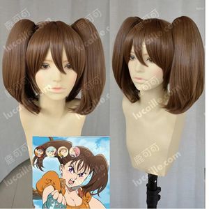 Fontes de festa de alta qualidade anime os sete pecados capitais diane cosplay perucas curto marrom duplo rabo de cavalo peruca de cabelo boné