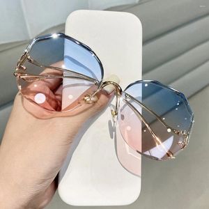 Sunglasses Fashion Polygonal Gradient Women Ocean Water Cut Trimmed Lens Metal Curved Temples Rimless Sun Glasses Female UV400
