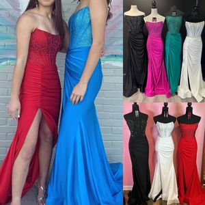 Abito da festa formale invernale fucsia 2k24 Corsetto con perline Preadolescente Lady Spettacolo Prom Evento serale Hoco Gala Abito da ballo di laurea Servizio fotografico Disossamento con spacco Rosso Blu Bianco