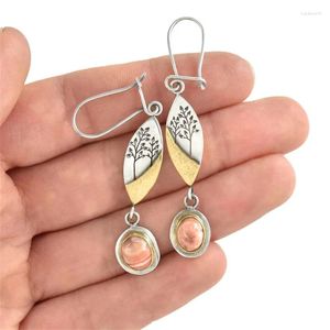 Dangle Earrings Luxury Round Oval Geometry Tree Leaf For Women Silver Color Metal Inlaid With Pink Stones Jewelry