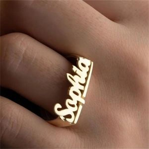 Anéis de casamento Anel de nome personalizado Anel de nome banhado a ouro 18K Placa de identificação personalizada Anel de ouro delicado joias de aço inoxidável para mulheres homens presente 231204