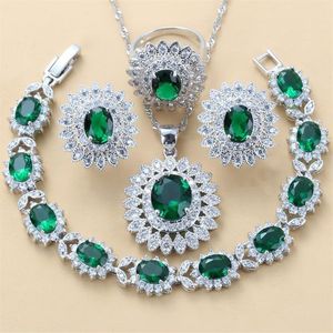 Lyxig Dubai Bridal Silver 925 Brial Jewelry Sets Green Cubic Zircon Sunflower örhängen Halsbandsarmband och ringuppsättningar 220210280P