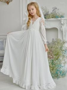 Abiti da ragazza Abito a fiori in chiffon bianco con velo Applicazioni a trapezio Maniche lunghe Abito da prima comunione per festa formale di compleanno