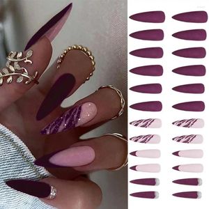 Unhas Falsas 24 pcs Long Stiletto Francês Falso Roxo Tigre Listras Cobertura Completa Imprensa em DIY Destacável