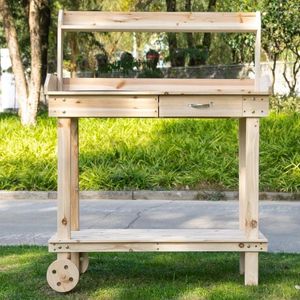Camp Furniture 36'' Gardening Workbench With 2 Removable Wheels Sink Drawer & Large Storage Spaces Wooden Potting Bench Work Table Natural