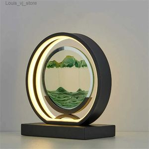 Nattljus 3D -lampa Moving Sand Art Bild Led Mobile Art Landscape Light Round 360 Rotertable Bedside Lamp Sands of Time Lamp för sovrum YQ231204