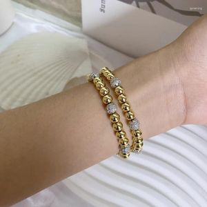 Link pulseiras mais recente design brilhante zircão grânulo pulseira 18k banhado a ouro contas de latão cordão elástico ajustável para mulher