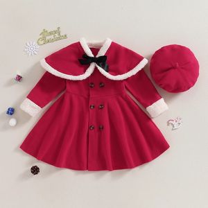 Set di abbigliamento 3 7Y Bambini Ragazze Autunno Inverno Set di vestiti Bambino Manica lunga Doppiopetto Cappotto rosso Abito Scialle Berretto Cappello Abiti natalizi 231204