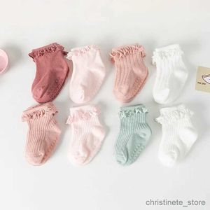 Meias infantis 3 pares/lote, meias infantis para recém-nascidos, meias de algodão, cor sólida, rendas, babados, meias de chão para bebês, meninas, acessórios de roupas