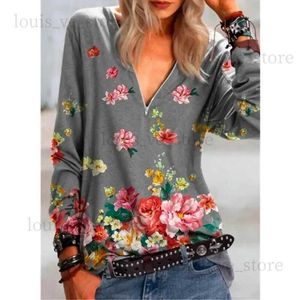 Women's T-Shirt Casual Floral Printing Shirt Women Zipper Long Sleeve Tops Lady Autumn Fashion Clothes Loose Pullover Plus Size 5XL T231204