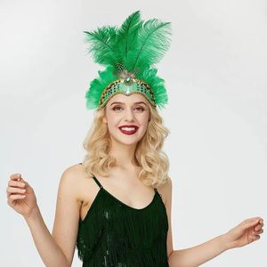 Headbands Carnival Crystal Crown Feather Headpieces for Women Show Girl Feather Headdress Mardi Gras Accessories 1920s Flapper Headband 231204