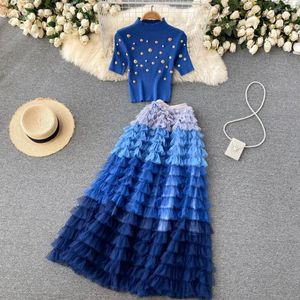 Work Dresses Designer Beaded Slim Short Knitted Sweater Tops High Waist A-line Long Cake Streetwear Summer Two Piece Suits