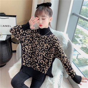 Çocuk moda leopar süveteri bahar sonbahar sonbahar kızlar yabancı stil kıyafetleri çocuklar yüksek boyunlu alt kısır kazaklar p435 231202