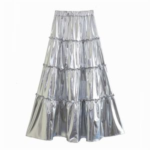 İki parçalı elbise gümüş katmanlı metalik pileli akışlı bir çizgi etek yüksek sokak kadın elastik bel kek midi etek parti 231202