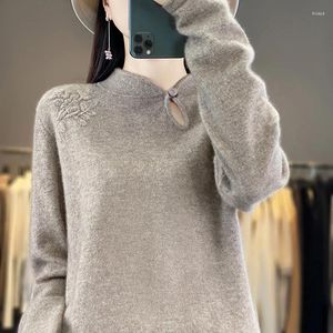 Maglioni da donna Autunno e inverno Maglione di lana con colletto a vento in stile cinese Pullover da donna Top in cashmere con fondo ricamato retrò.