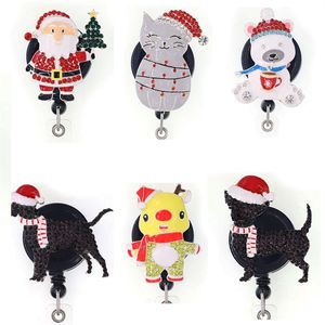 Newest Key Rings Christmas Santa Claus Snowman Dog Rhinestone Retractable Holiday ID Holder For Nurse Name Accessories Badge Reel 288p