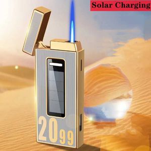 Solar Rechargeable Touch Sensitive Metal Outdoor Windproof Butane No Gas Lighter Portable Carry Turbo Torch Blue Flame Jet