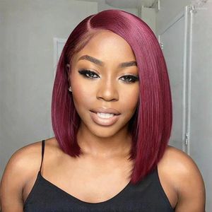 Luvkisshair Düz Yan Parça Burgundy Asimetrik 13x4 Dantel Ön Peruk Frontal Bob Kopardı