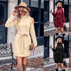 Casual Dresses Spring Fall Party Dress Women Turtle Neck Long Sleeve Woman Elegant Evening Sexy Off-the-Shoulder