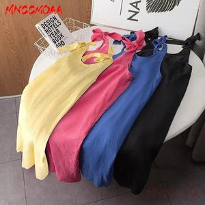 Lässige Kleider MNCCMOAA 2024 Sommer Frauen Mode Lose Rundhals Leinen Slip Kleid Weibliche Einfarbig Ärmellose Pullover Strand