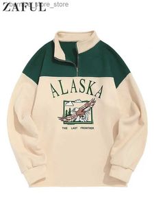 Men's Hoodies Sweatshirts ZAFUL Fleece Hoodie for Men ALASKA Graphic Eagle Printed Sweatshirt Colorblock Vintage Streetwear Pullover Sweats Unisex Style Q231204