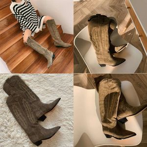 Isabel Boots Perfect Paris France Shoes Denzy Suede Cowboy Style Knee-High Western-Inspired Stitching Calf YJ1F