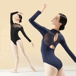Abbigliamento da palco Body da balletto per donna Colletto in piedi Ginnastica Lady Back Mesh ricamato Manica lunga da allenamento